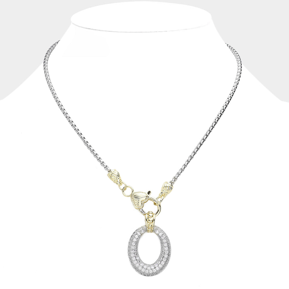 Two Tone 14K Gold Plated CZ Stone Paved Open Oval Pendant Necklace