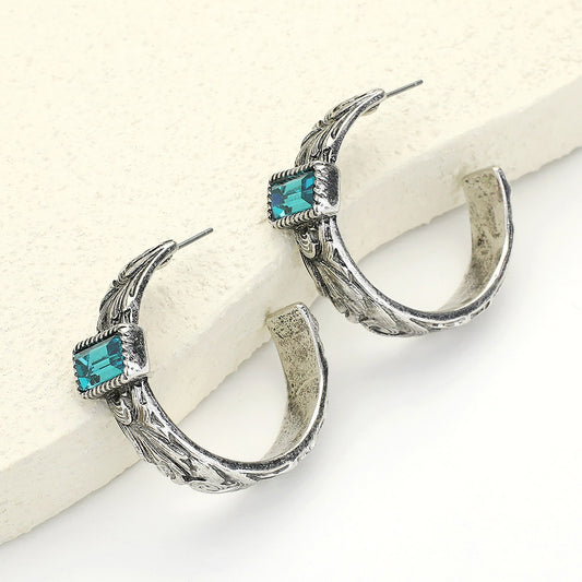 Rectangle Stone Pointed Antique Metal Western Hoop Earrings