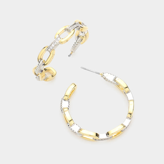 Rhinestone Embellished Open Metal Oval Link Hoop Earrings