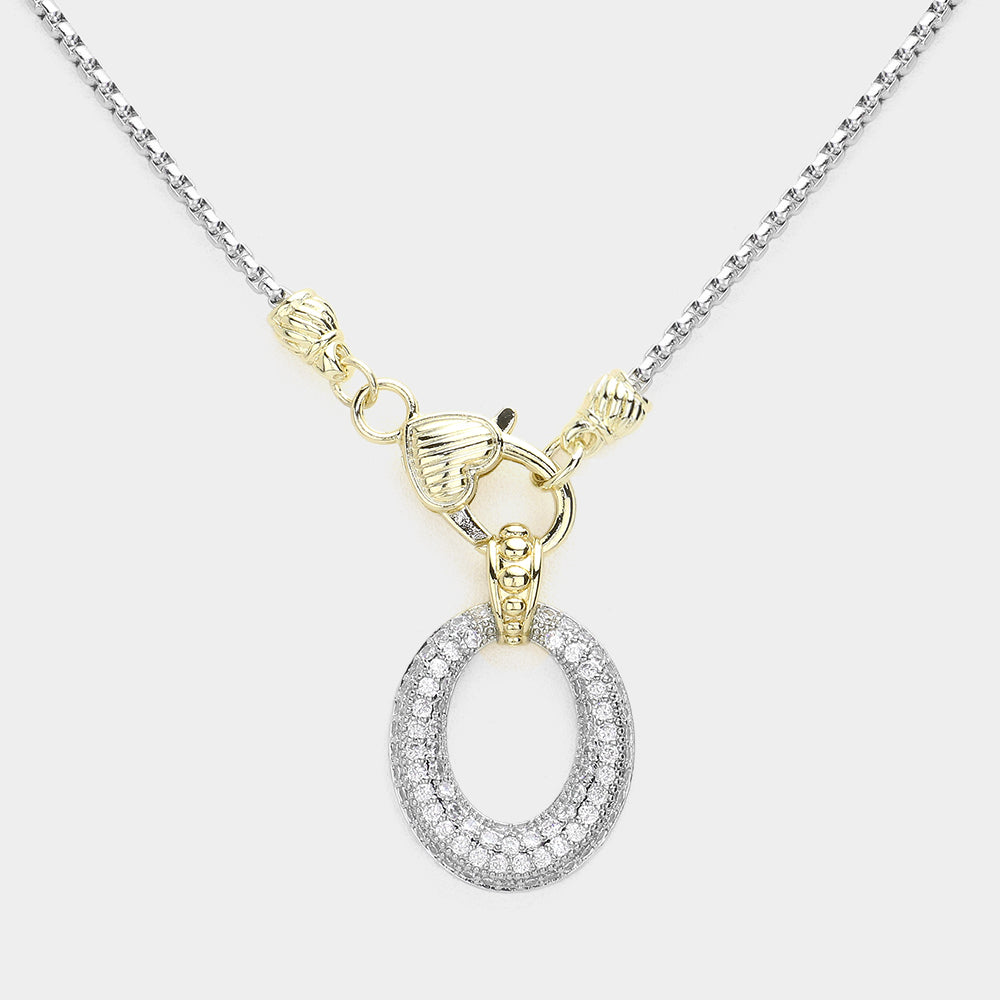 Two Tone 14K Gold Plated CZ Stone Paved Open Oval Pendant Necklace