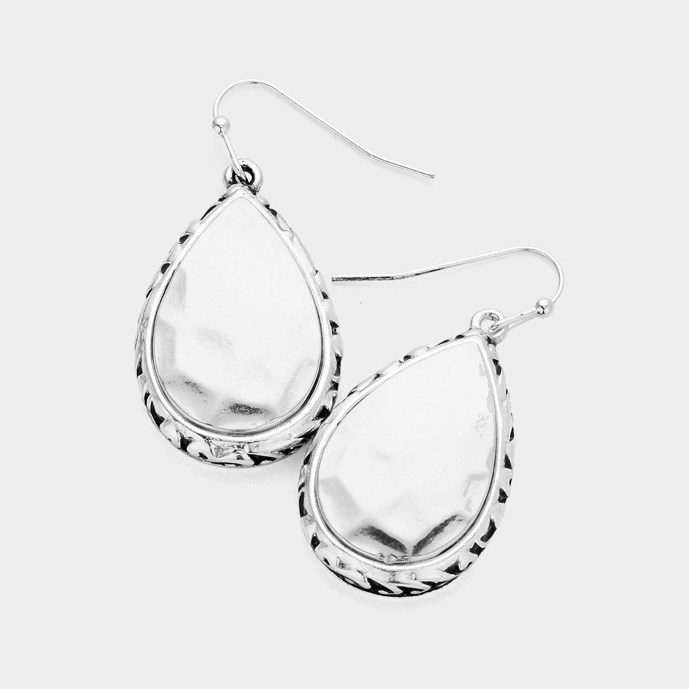 Antique Silver Hammered Teardrop Dangle Earrings