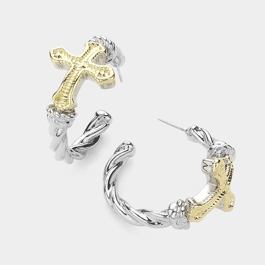 14K Gold Plated Two Tone Cross Pointed Hoop Earrings