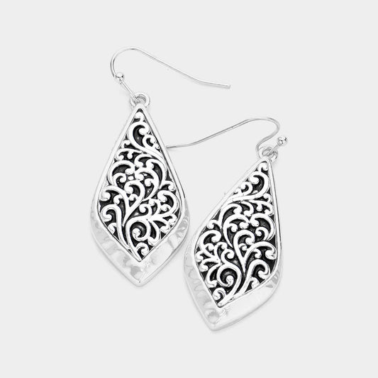 Antique Silver Filigree Marquise Dangle Earrings