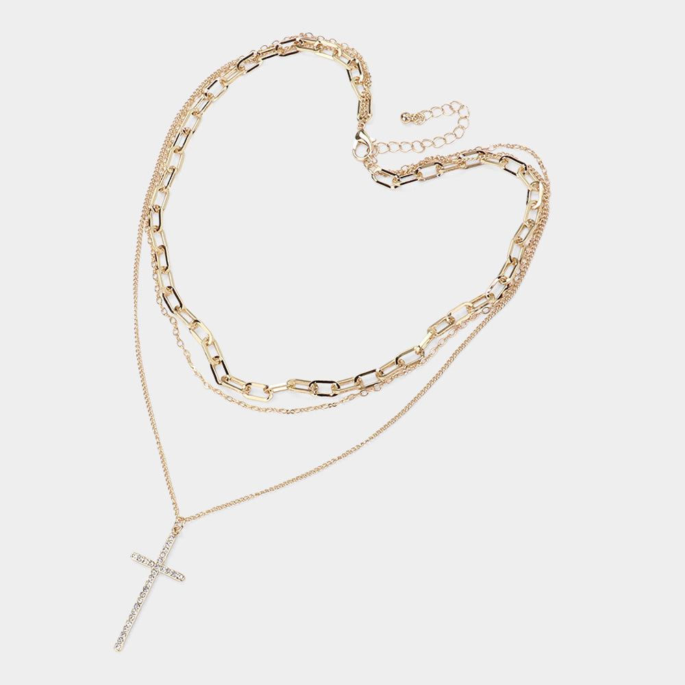 Gold Cross Pendant Pointed Triple Metal Chain Layered Necklace