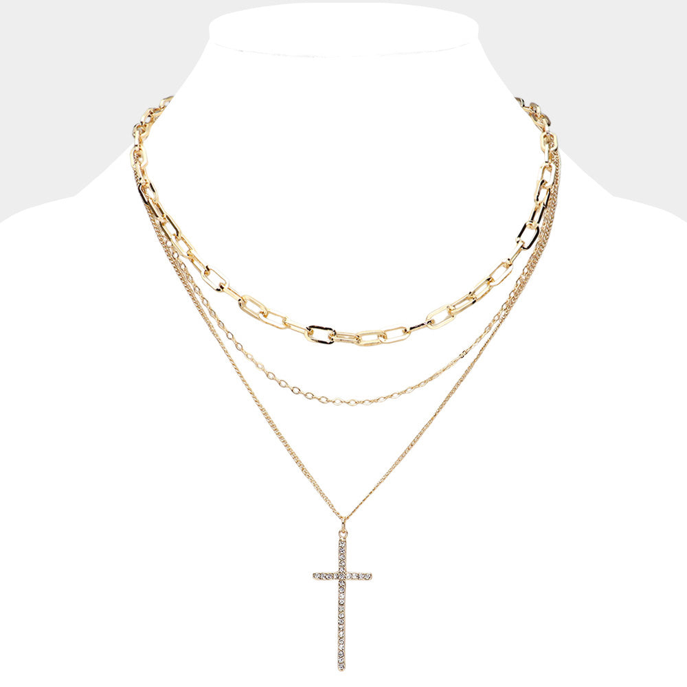 Gold Cross Pendant Pointed Triple Metal Chain Layered Necklace