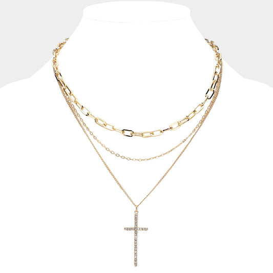 Gold Cross Pendant Pointed Triple Metal Chain Layered Necklace