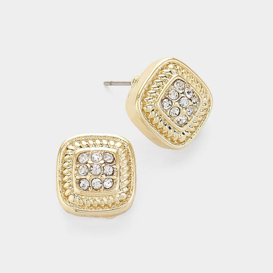 14K Gold Plated Stone Paved Square Stud Earrings