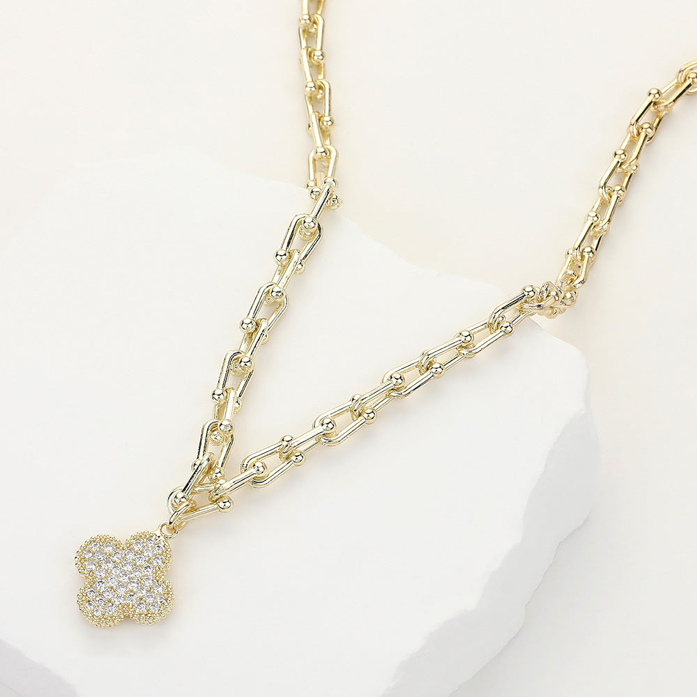 14K Gold Plated CZ Stone Paved Quatrefoil Pendant Hardware Chain Link Necklace