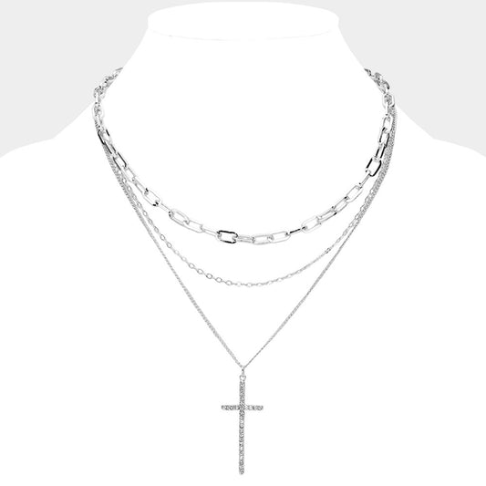 Silver Cross Pendant Pointed Triple Metal Chain Layered Necklace