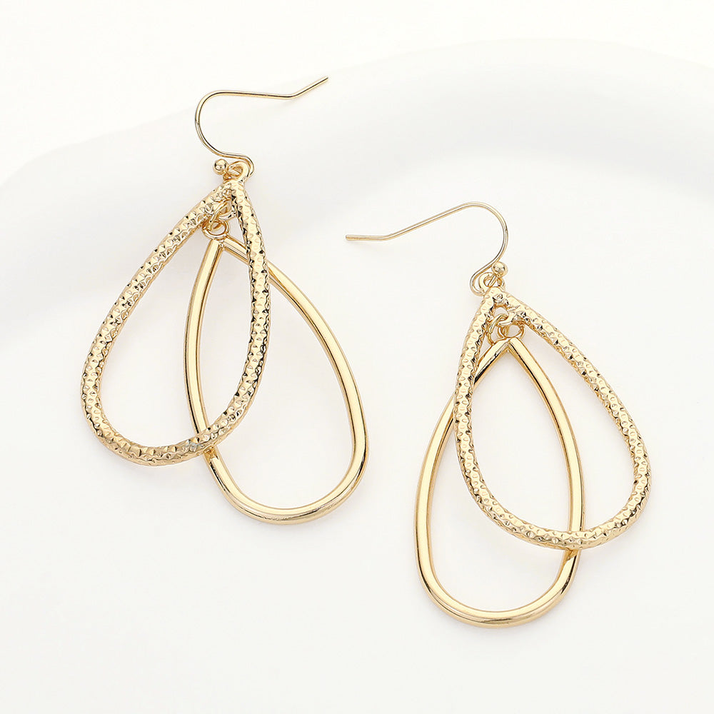 Gold Textured Double Teardrop Dangle Earrings