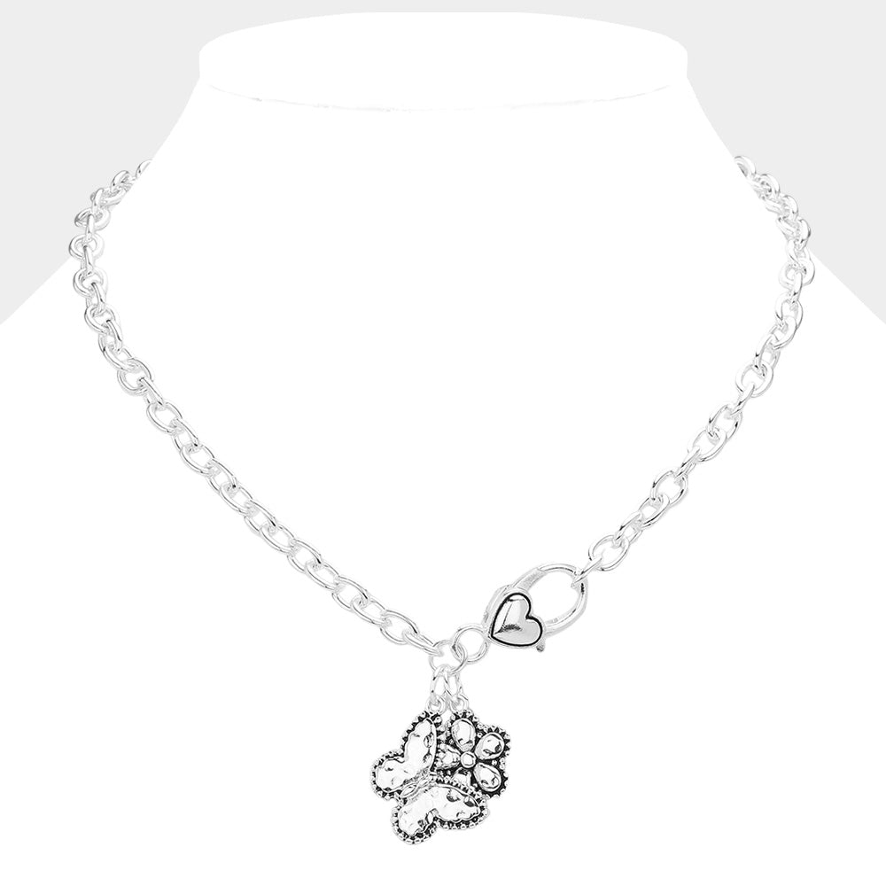 Antique Silver  Butterfly Flower Pendant Necklace