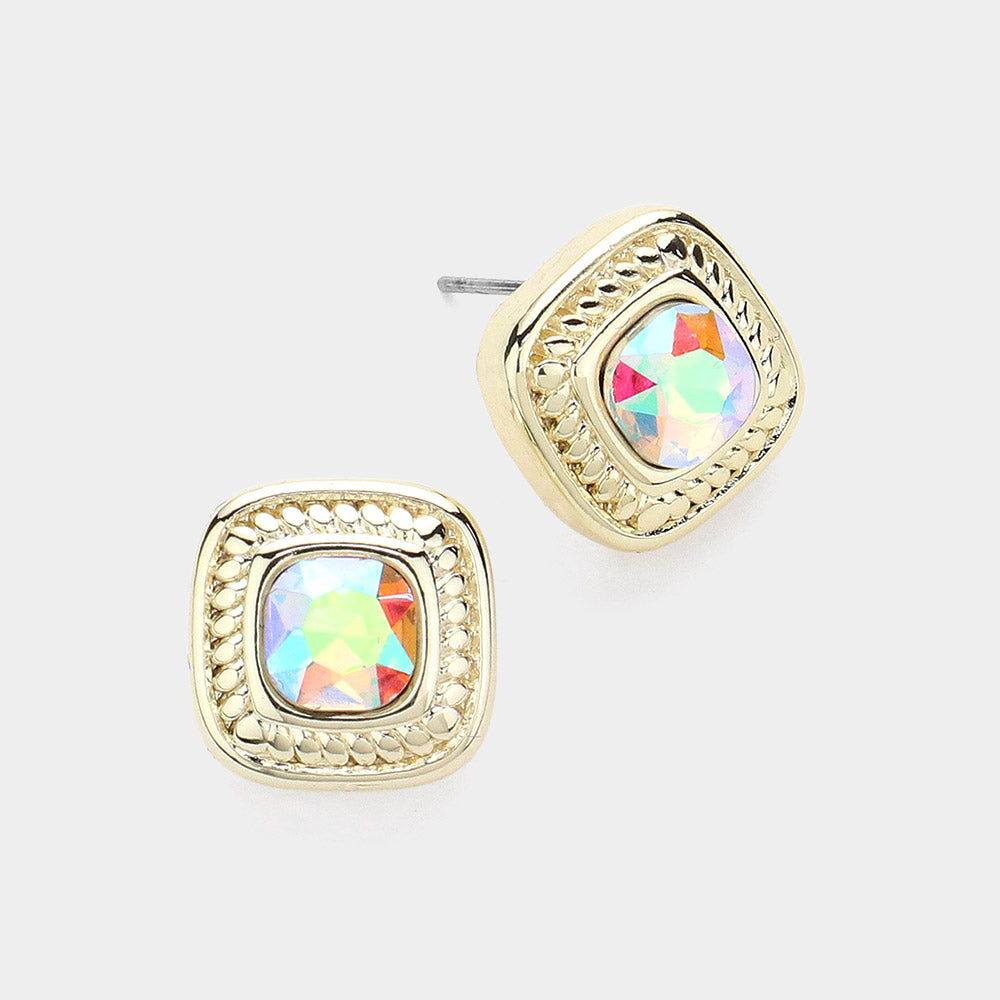 14K Gold Plated Stone Paved Square Stud Earrings