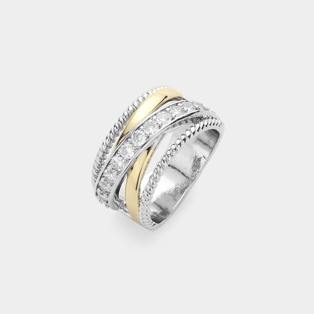 CZ Stone Paved Two Tone Criss Cross Chunky Ring