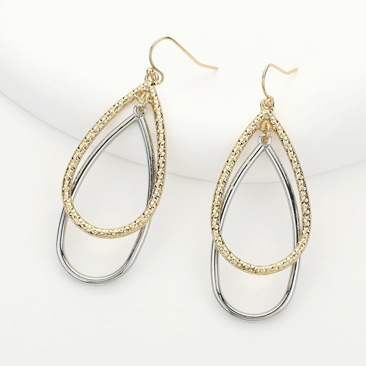 Gold & Silver Textured Double Teardrop Dangle Earrings