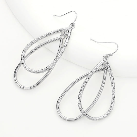 Silver Textured Double Teardrop Dangle Earrings