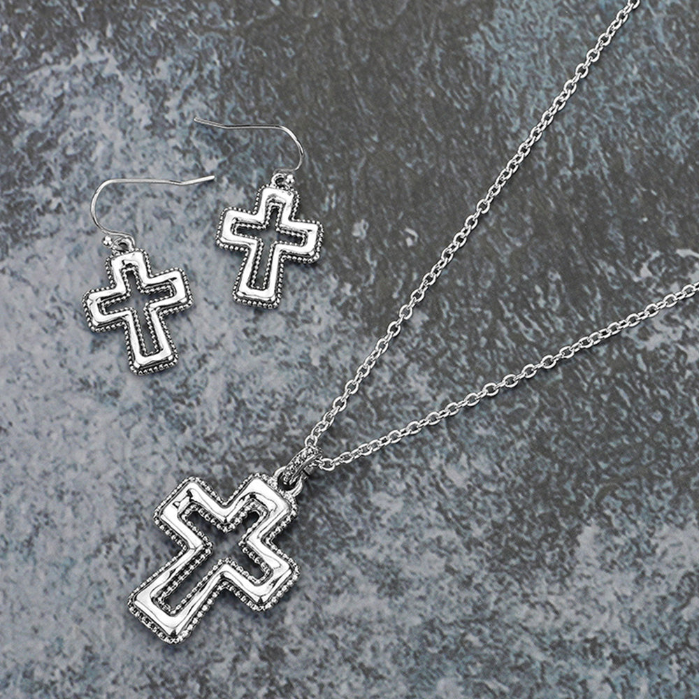 Antique Silver Hammered Open Cross Pendant Necklace