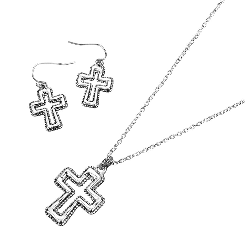 Antique Silver Hammered Open Cross Pendant Necklace