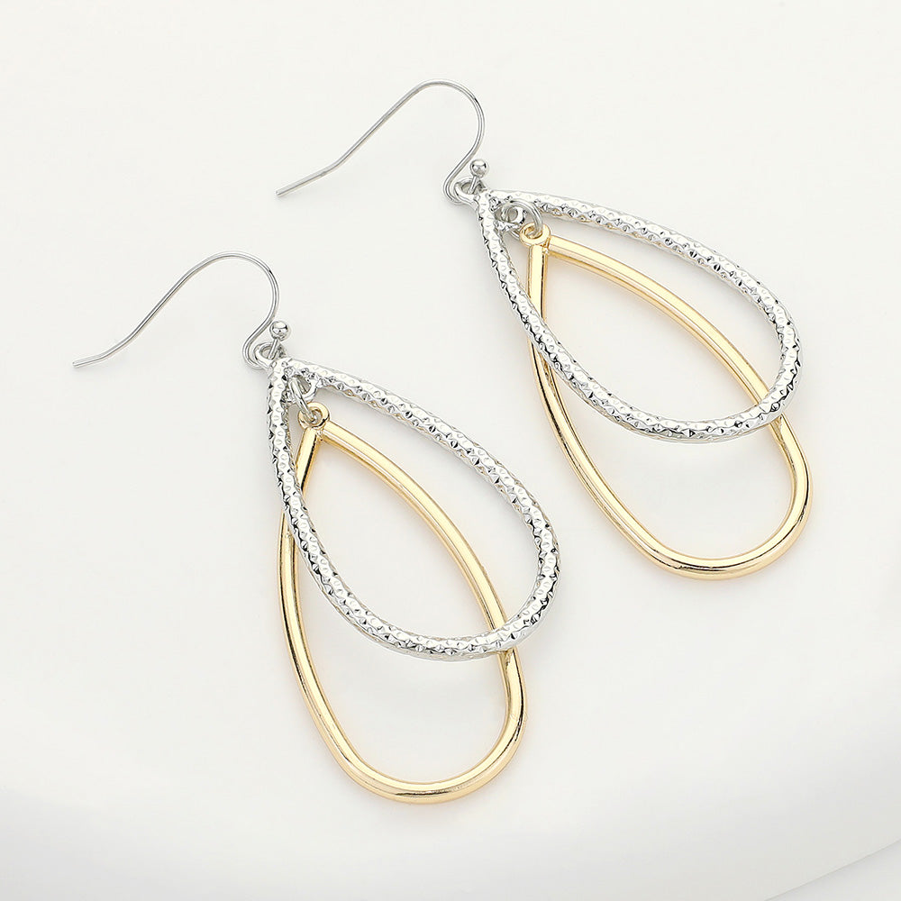 Silver & Gold Textured Double Teardrop Dangle Earrings