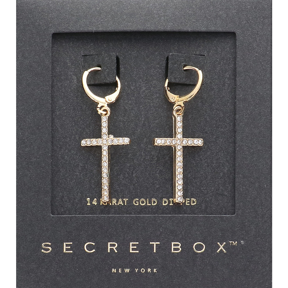 SECET BOX  14K Gold Dipped Stone Paved Cross Dangle Earrings