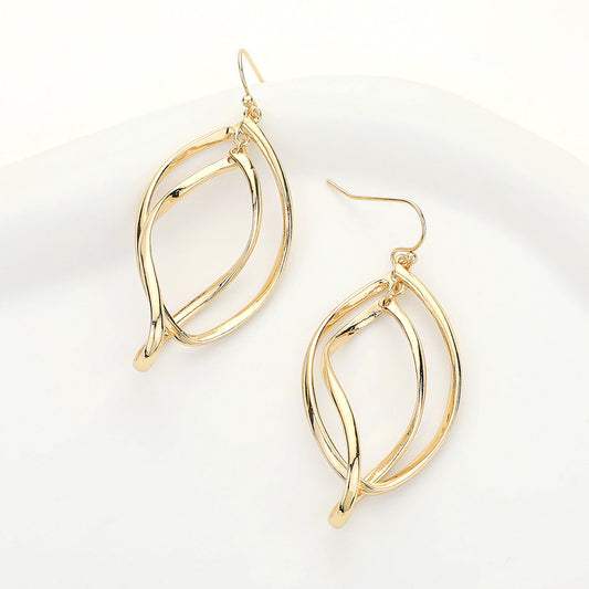 Gold Twisted Double Oval Dangle Earrings