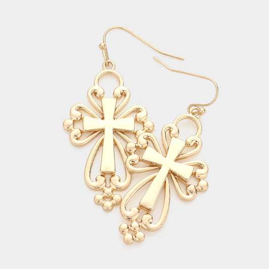 Gold Metal Cross Dangle Earrings