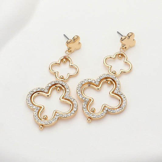 Stone Paved Gold Quatrefoil Link Dropdown Dangle Earrings