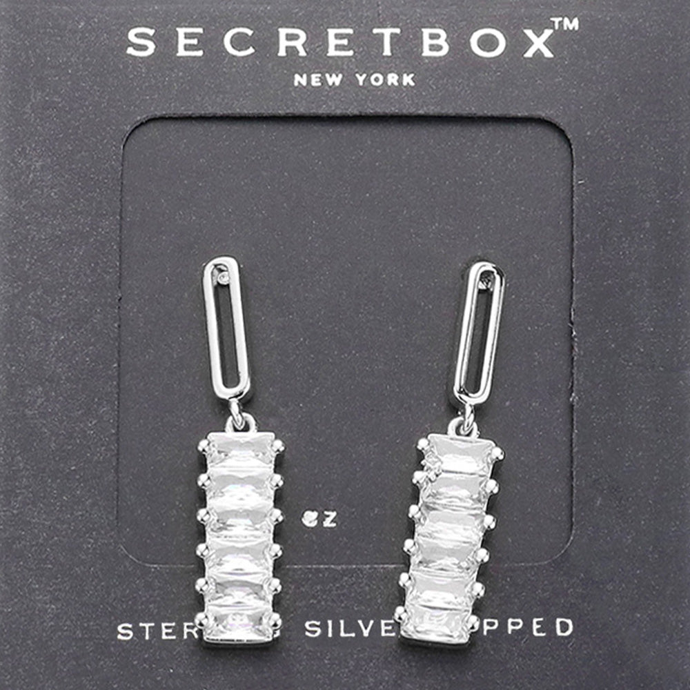 SECRET BOX   Sterling Silver Dipped Baguette CZ Stone Accented Dangle Earrings