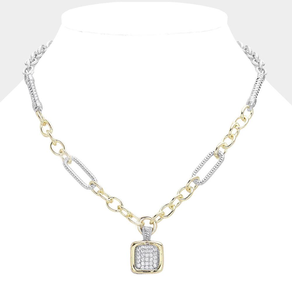 14K Gold Plated CZ Stone Paved Square Pendant Necklace