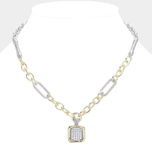 14K Gold Plated CZ Stone Paved Square Pendant Necklace