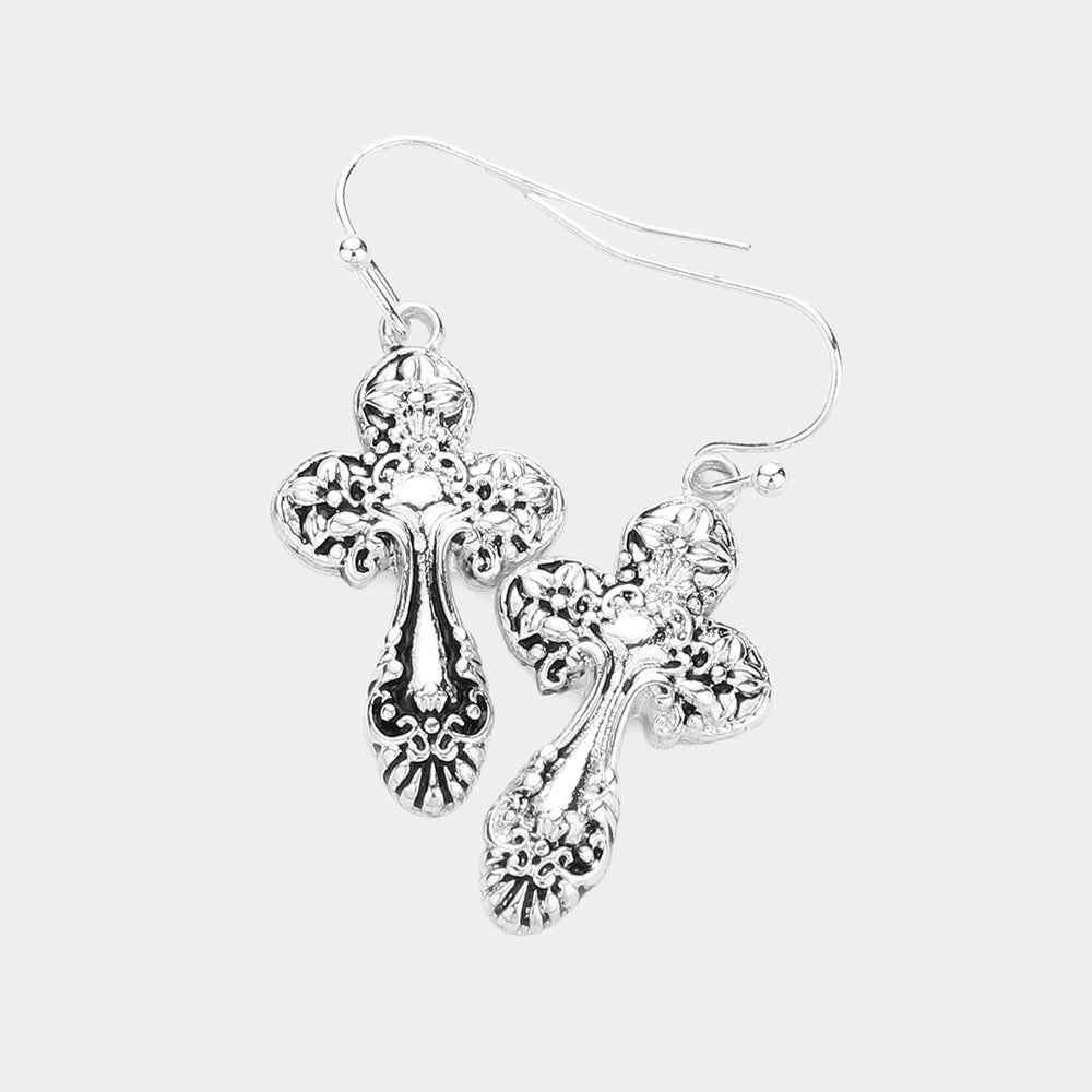 Antique Silver Cross Dangle Earrings