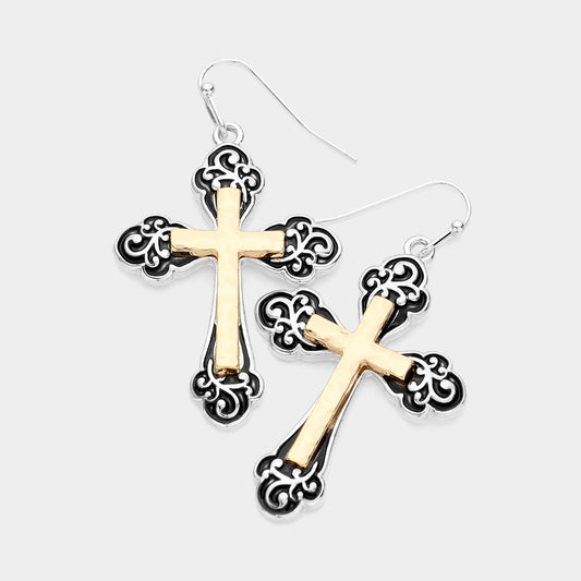 Antique Silver & Gold Cross Dangle Earrings