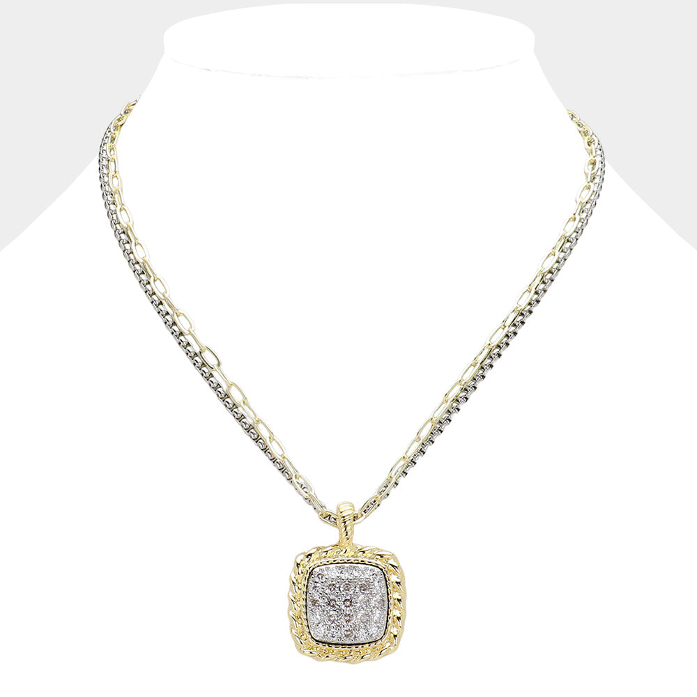 14K Gold Plated CZ Stone Paved Square Pendant Two Tone Double Layered Chain Necklace