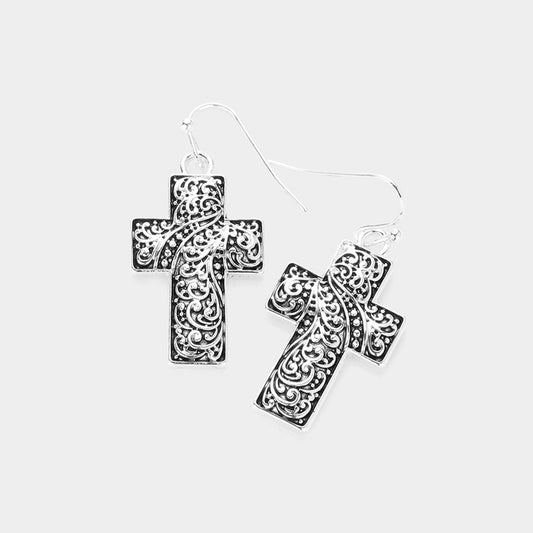 Antique Silver Filigree Cross Dangle Earrings