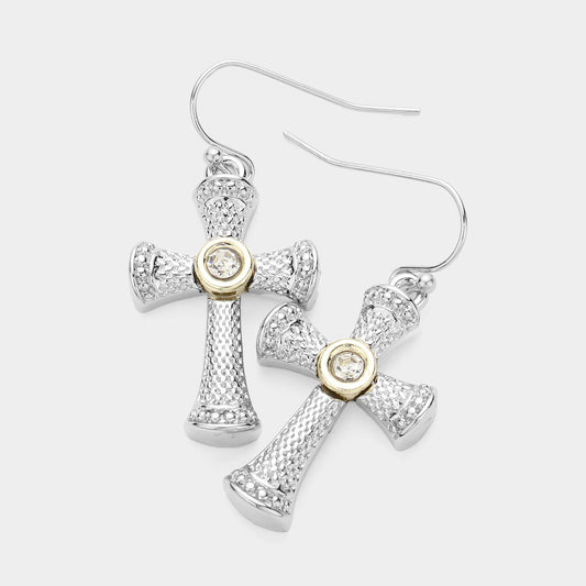 14K Gold Plated Stone Paved Cross Dangle Earrings