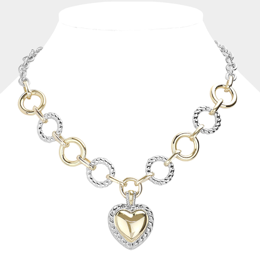 14K Gold Plated Two Tone Textured Metal Heart Pendant Necklace