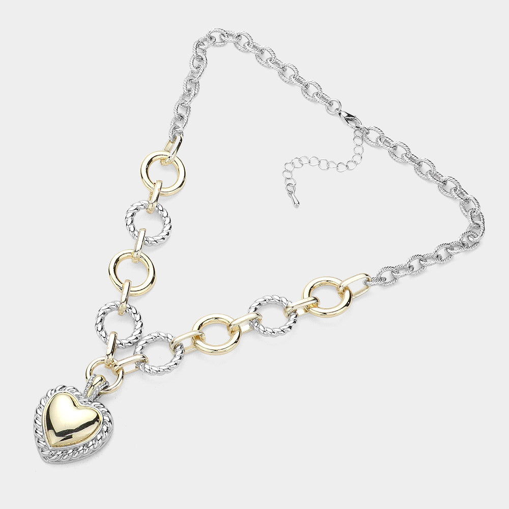 14K Gold Plated Two Tone Textured Metal Heart Pendant Necklace