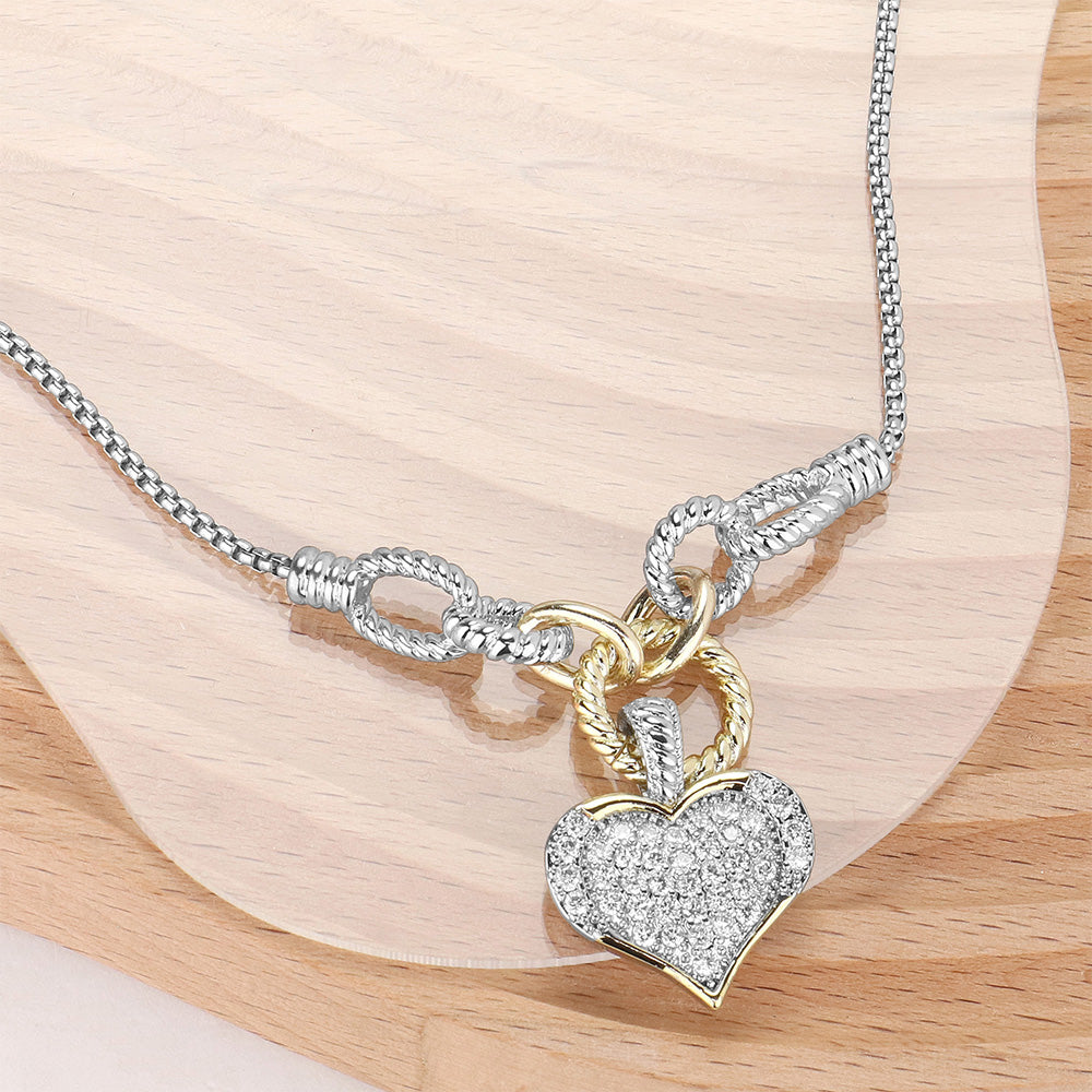 14K Gold Plated Two Tone CZ Stone Paved Heart Pendant Necklace