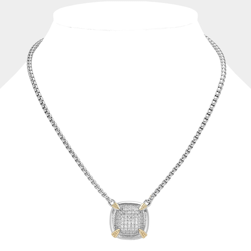 14K Gold Plated CZ Stone Paved Square Pendant Necklace