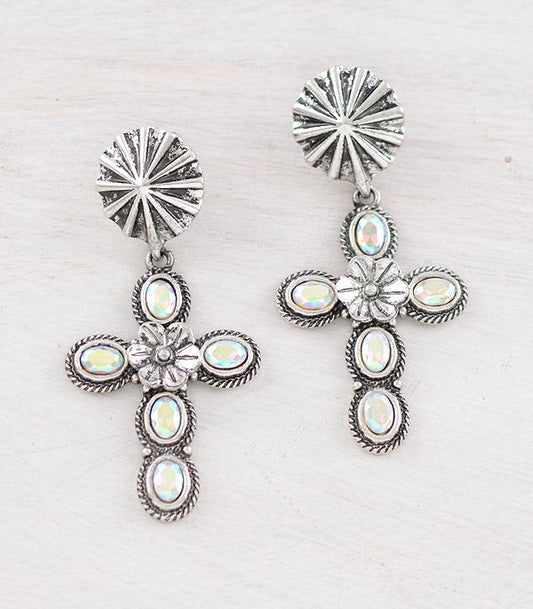 Glass Stone Cross Earrings