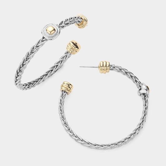 14K Plated Two Tone Square Rope Metal Hoop Earrings