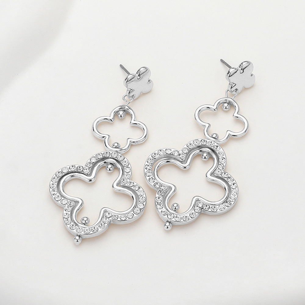 Stone Paved Silver Quatrefoil Link Dropdown Dangle Earrings