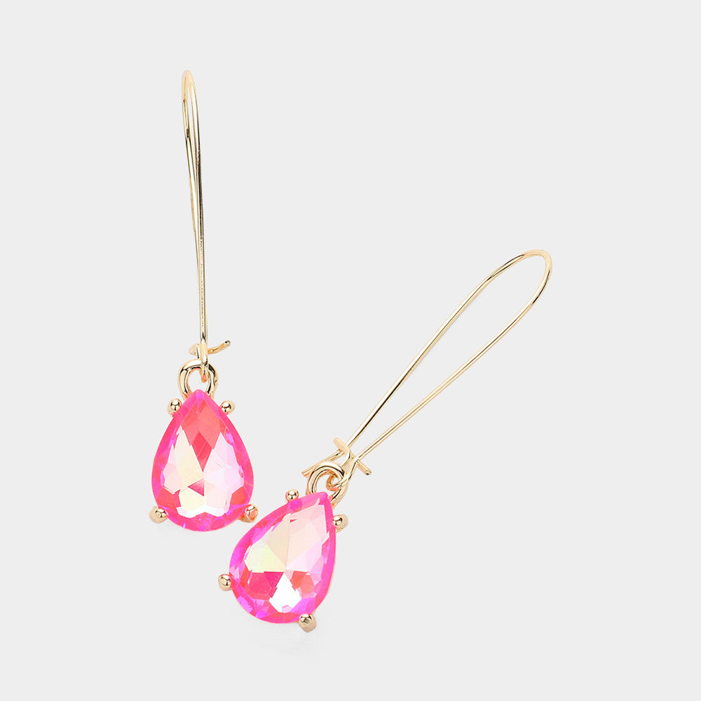 Neon Fuchsia Teardrop Stone Cushion Dangle Earrings