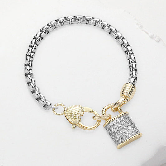 14K Gold Plated Two Tone CZ Stone Paved Lock Charm Pointed Bracelet