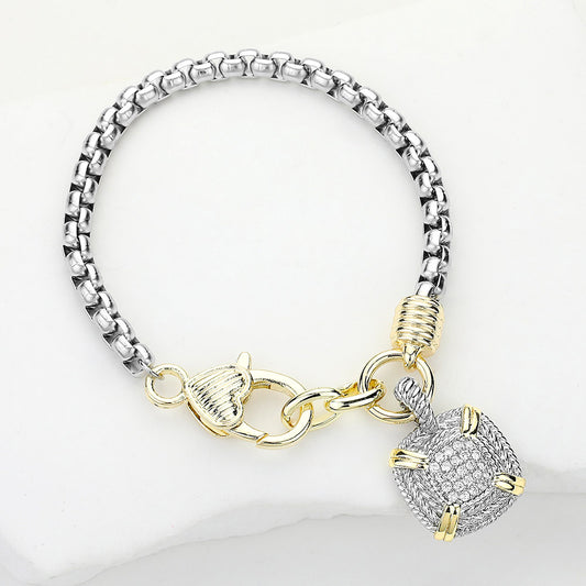 14K Plated CZ Stone Paved Square Charm Bracelet