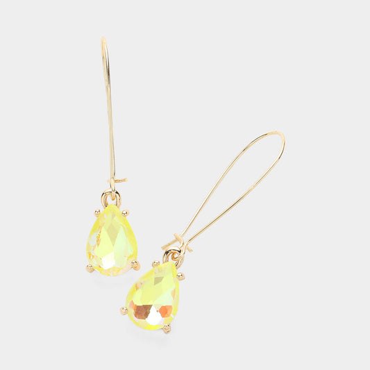 Neon Yellow Teardrop Stone Cushion Dangle Earrings