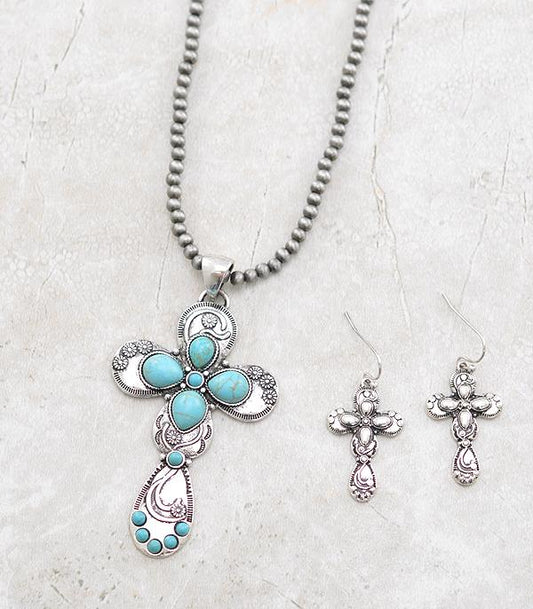 Western Turquoise Cross Necklace Set