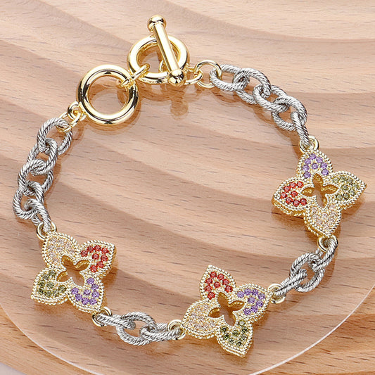 14K Gold Plated CZ Stone Paved Clover Link Two Tone Toggle Bracelet