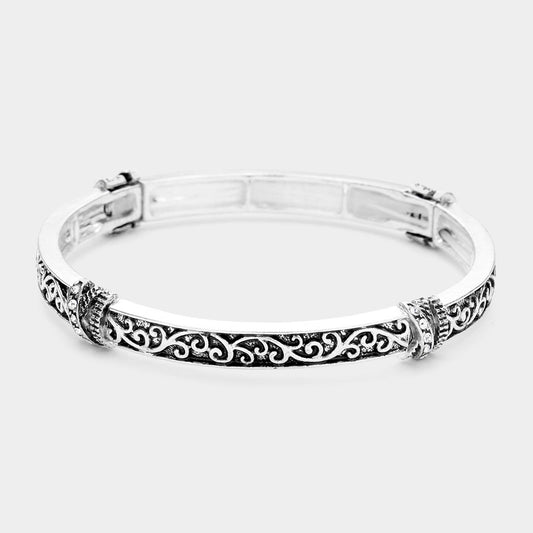 Antique Silver Stone Paved Bar Pointed Antique Metal Filigree Stretch Bracelet