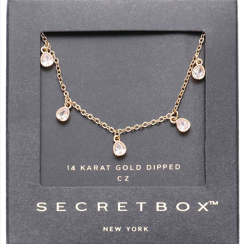 SECRET BOX   14K Gold Dipped Teardrop CZ Stone Station Necklace