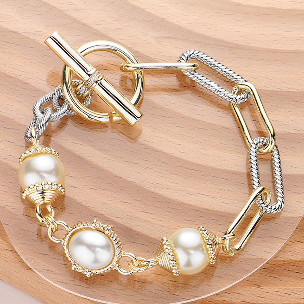 14K Gold Plated Pearl Link CZ Stone Paved Paperclip Chain Toggle Bracelet